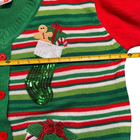 Ugly Christmas Sweater Cardigan Women's Large Green Red‎ Striped Gifts Stockings - Picture 3 of 6